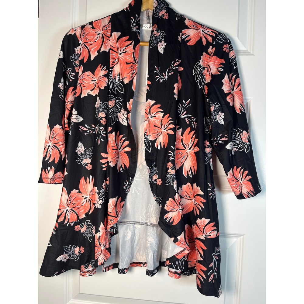 Hocosit Womens Tropical Floral Open Front Cardigan Black Coral Size S NWT